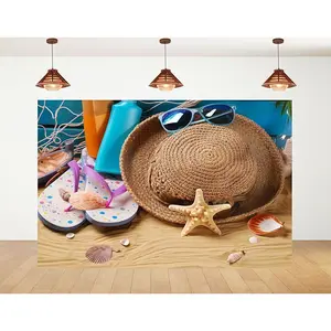 5x4ft Beach Vacation Essentials Backdrop Straw Hat Flip Flops Photography Background for Summer Party Events Room Wall Decorations Tapestry Photo Booth Props