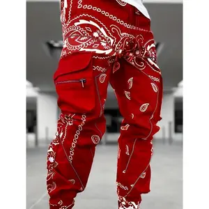 Men’s Multi-Pocket Joggers with Paisley Pattern, Casual Sports Pants for Fitness