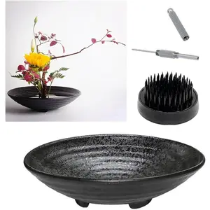 Ikebana Kit Floral Frog Flower Container with Kenzan  Straightening Tool - 1.57inch Black Flower Frog, 6.7inch Bowl Vase