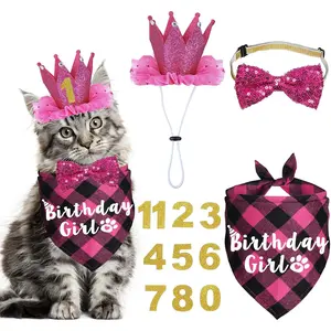 Cat Birthday Party Supplies Kitten Outfits Bandanas with Hat Crown Bow Tie Number for Kitten Decorations Rose
