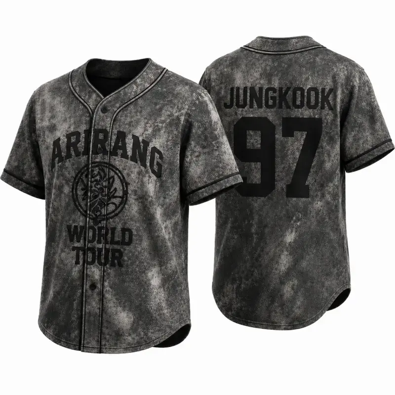 Ariraaang World Tour Kpop Baseball Jersey, Vintage Washed Gray Button-Up Concert Fan Shirt, Unisex Music Festival Outfit