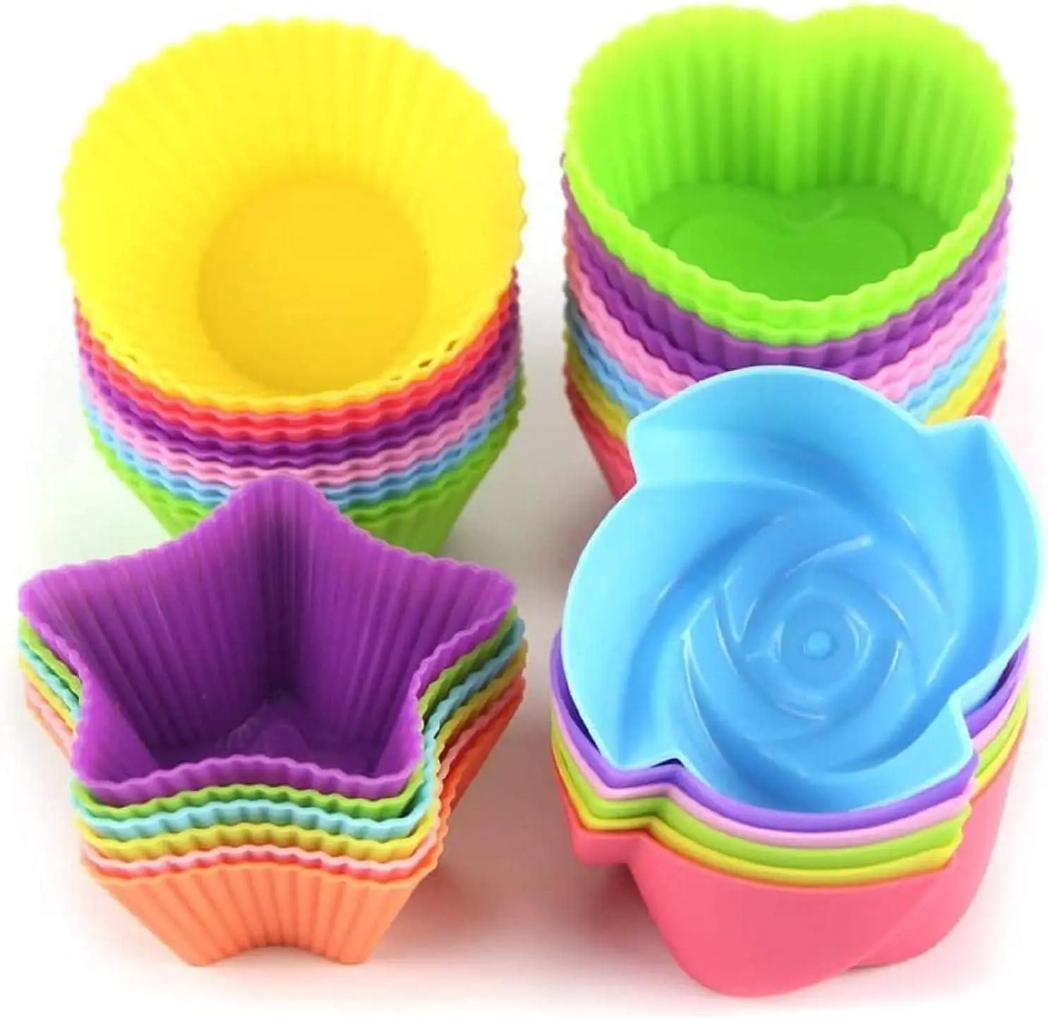 24-Pack Reusable Silicone Cupcake Liners – Non-Stick Muffin Baking Molds in Round, Star, Heart & Flower Shapes for Kitchen Baking