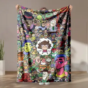 1 piece Classic Animated Characters Collection and Fun Doodle Art themed flannel blanket - Microfiber comfortable flannel sofa blanket, suitable for beds and sofas, all-season use, modern design, digitally printed pattern, 100% polyester material