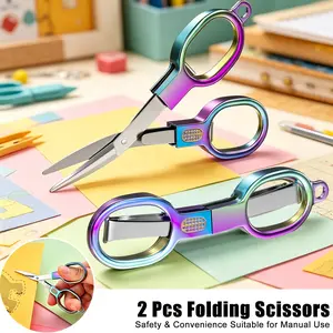 2PCS Folding Scissors, Stainless Steel Safety Portable Mini Handmade Scissors, Foldable Pocket Badge Scissor, Suitable for Travel, Home, Office, Craft, Sewing, Nurse Accessories