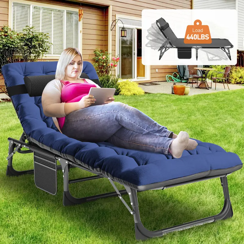 Lilypelle 3-in-1 Foldable Tanning Chair for Adults - 5-Position Adjustable Recline, Heavy Duty Steel Tubes, Cushioned, 16.5 lbs, Easy-Carry Portable Folding Camping Chair Lounger for Outdoor Sunbathing Poolside Patio, Pool Lounge Chairs