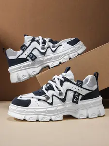 Men's Beige-Navy-Red Color-Block Platform Dad Shoes: Mesh Breathable + Height-Increasing Anti-Slip, High-Street Trendy Casual Athletic Sneakers