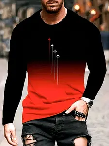 Men's Aviation Theme 3D Gradient Plane Pilot Letter Print T-Shirt, Long Sleeve Round Neck Casual Wear, Turquoise/copper Color Transition