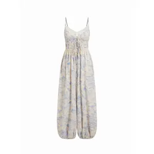 Cider Cotton-blend Floral Sweetheart Cami Lace Trim Drawstring Barrel-leg Jumpsuit