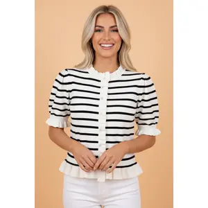 Stripe Ruffle Knit Short Sleeve Buttoned Cardigan