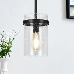 5.9in Seeded Glass Pendant Light, Hammered Glass Cylinder for Kitchen Island, Over Sink & Dining Room,1-Pack