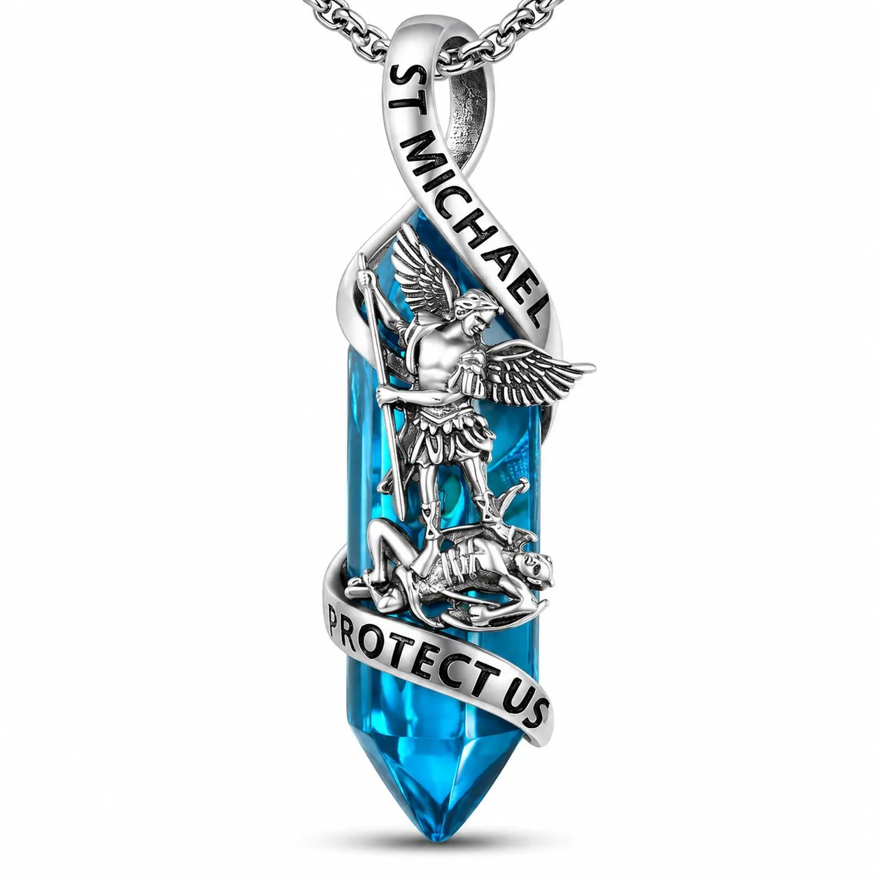 Saint Michael Necklace 925 Sterling Silver Archangel Michael Pendant Healing Crystal Amulet Protection Catholic Jewelry for Men Women