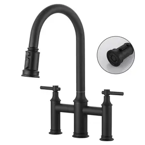 WOWOW Double Handle Bridge Kitchen Faucet with 3-Spray Patterns and 360° Rotation Spout in Black