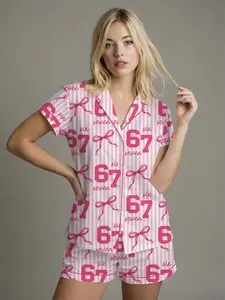 67 Meme Pajamas Set for Women | Pink Bow Six Seven Pajama Set | Funny TikTok Viral PJs | Cute Satin Long & Short Sleepwear