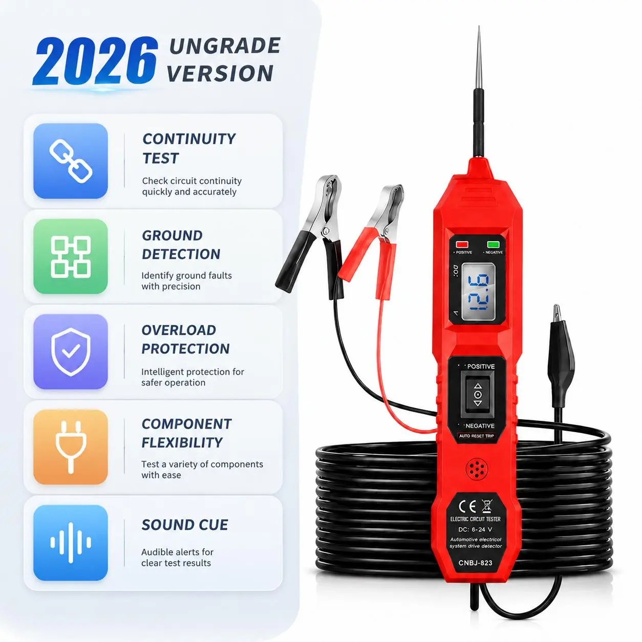 6-24V Automotive Electrical Circuit Tester, Digital LCD Voltage Check Tool with Polarity LEDs, Overload Safe Electronic Repair Tool for Continuity Test, Car Truck Vehicle Repair
