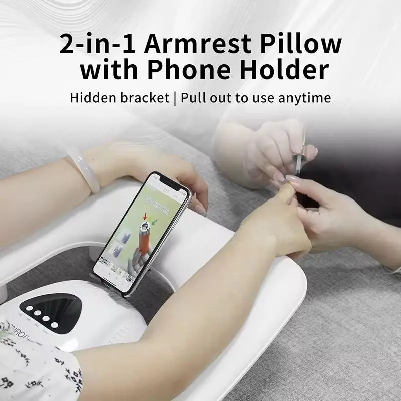 Gray U-Shaped Manicure Arm Rest for Nails Tech with 360° Rotating Phone Holder Adjustable Detachable Hand Rest for Salon Design 2-in-1 Armrest Pillow with Hidden Bracket