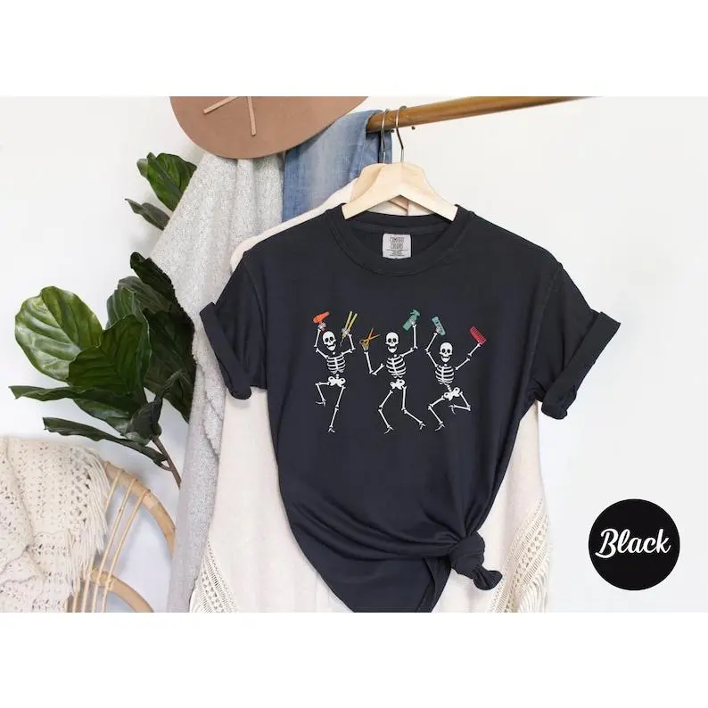 Hairstylist Skeleton Halloween Spooky Hair Salon Comfort Colors Shirt, Cosmetology School Student Tee, Halloween T-Shirt For Hairdresser, Fabric, Shortsleeve