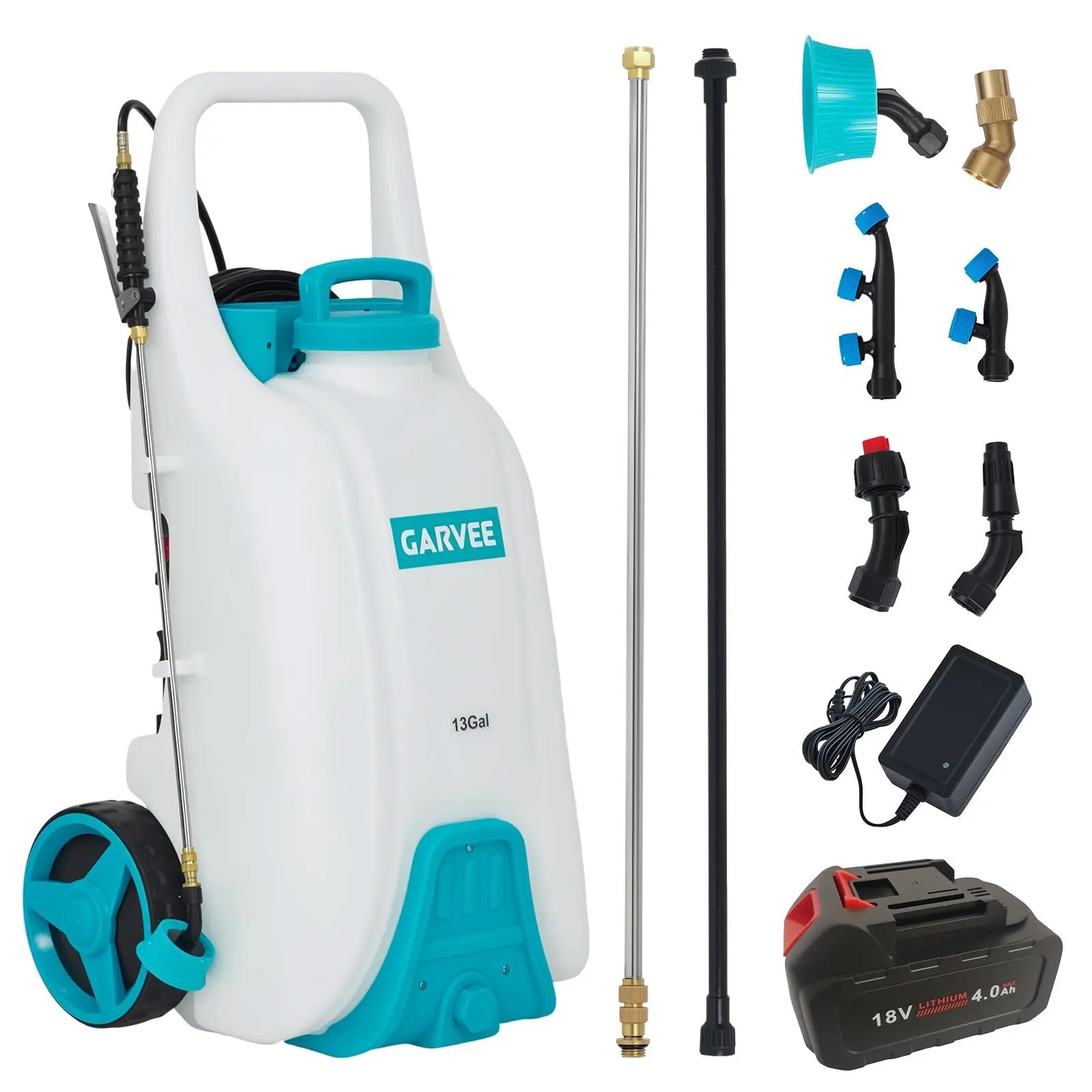 GARVEE 13 Gallons Battery Powered Sprayer with Wheeled Cart, 18V 4Ah Electric Sprayer with 6 Nozzles & 2 Wands, 4-6 Hour Runtime, 80PSI Adjustable Pressure, Trigger Lock, Yard Sprayers for Lawn