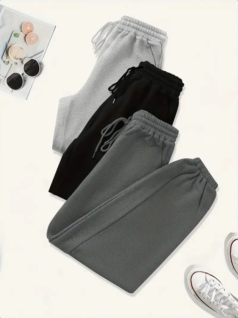 3-Pack Plus Size Basic Pants, High-Stretch Women's Plus Size Elastic Drawstring Sweatpants, Three Piece Set.