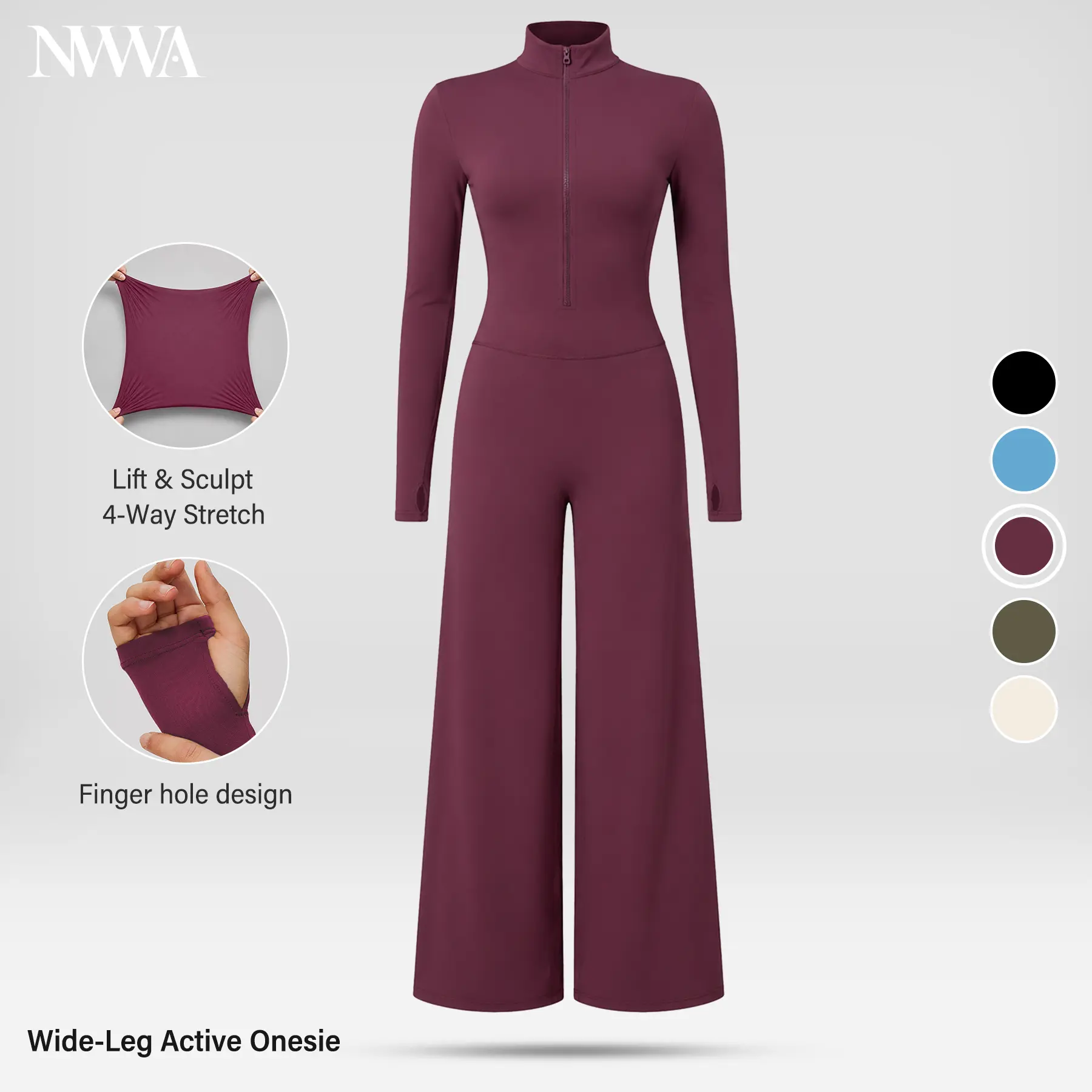 NVWA Women's Athletic Jumpsuit - Long Sleeve Front Zip Mock Neck Wide Leg Bodysuit with Thumb Holes, Slim Fit High Elasticity Female Workout Wear, Chic Modern Women's Sports Jumpsuits for Fitness & Streetwear