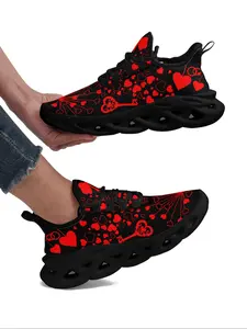 Women's Heart Print Lace Up Low Top Blade Sole Sneakers, Casual Comfortable Breathable Sports Running Shoes, Fashionable Running Shoes, All-match Round Toe Shoes for Daily Wear