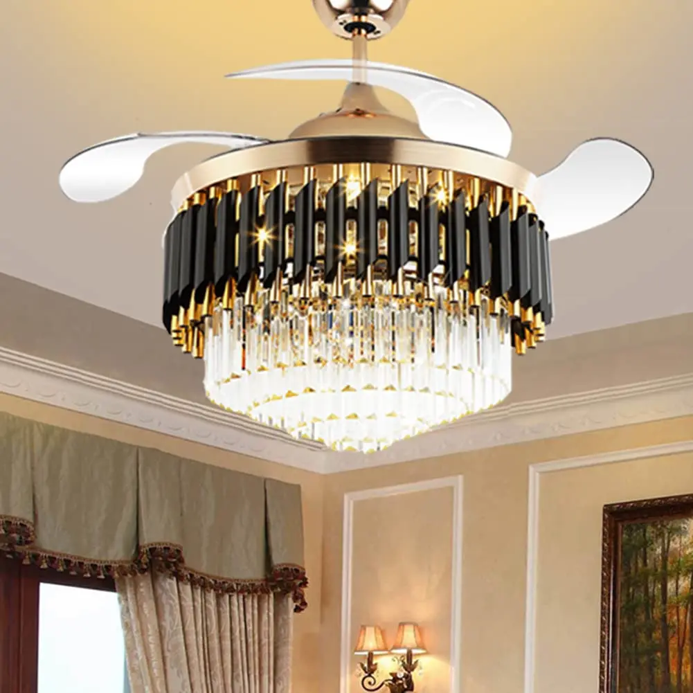 CNCEST 42-in Luxury Retractable Crystal LED Ceiling Fan Light with Remote Control, Metal-Body Fandelier Chandelier, Adjustable Brightness & LED Ambient Lighting for Bedroom, Living Room