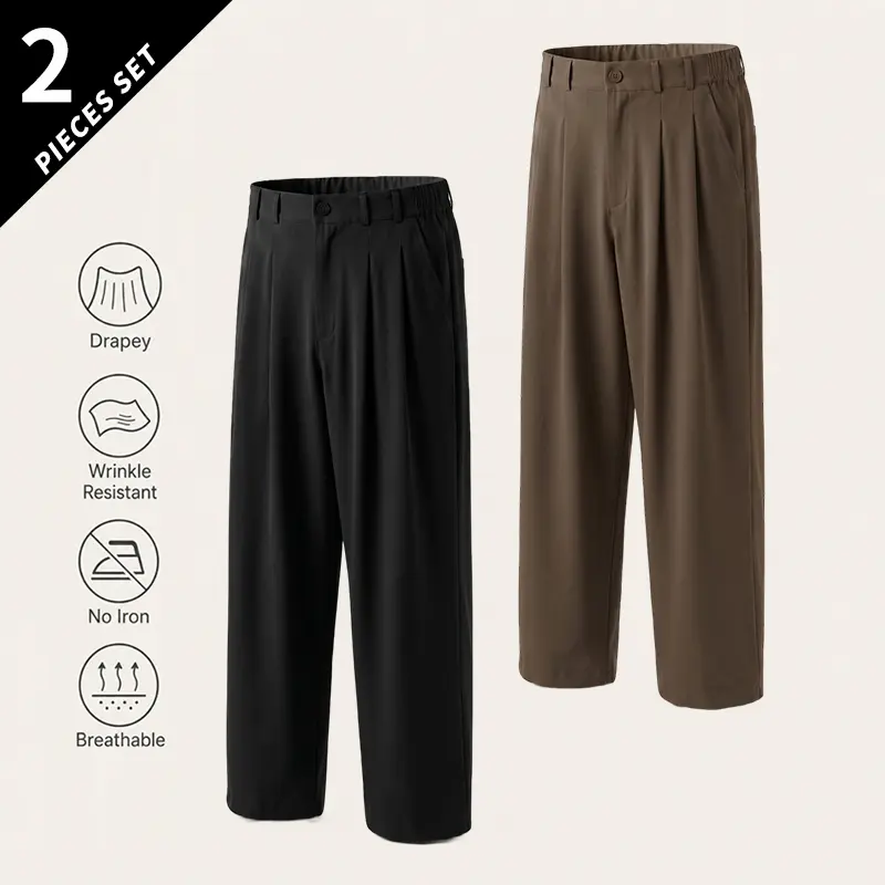Men's Loose Mid-Waist Button-Front Straight-Leg Plain Solid Casual Long Pants - Menswear, Fluid Drape, Wrinkle-Resistant, Deformation-Resistant, Skin-Friendly, Breathable, No-Iron, Suitable for Business, Office Wear