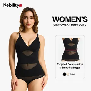 Nebility Women's V Neck Minimalist Comfortable Basic bodysuits shapewear mesh breathable sleeveless womenwear High Stretch Girdle Compression Womenswear