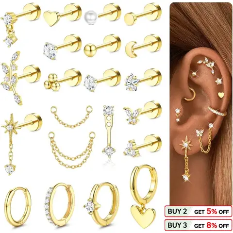 Women's 21-Piece Hypoallergenic Ear Cartilage Jewelry Set - 316L Surgical Stainless Steel & Alloy, Flat Back Earrings, Hoops, Tragus Studs, Casual Earrings for Women - Gold/Silver