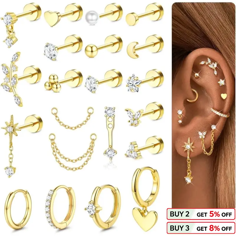 Women's 21-Piece Hypoallergenic Ear Cartilage Jewelry Set - 316L Surgical Stainless Steel & Alloy, Flat Back Earrings, Hoops, Tragus Studs, Casual Earrings for Women - Gold/Silver