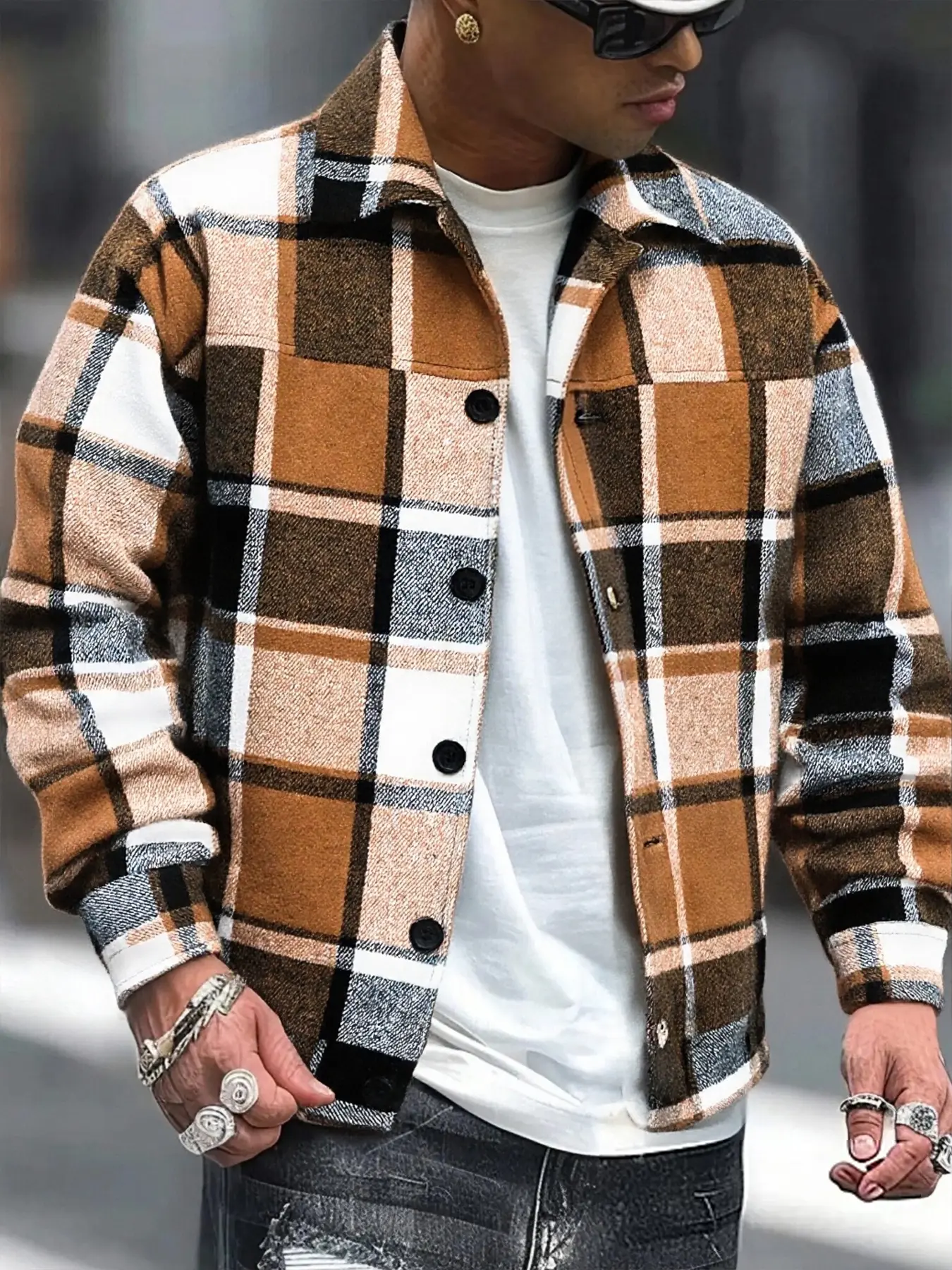 Men's Plaid Checked Button Jacket Shirt, Long Sleeve, Vintage Street Style Classic Outerwear, Hip Hop Fashion, Casual Western Style, Casual Fitted Design, All Seasons Wear