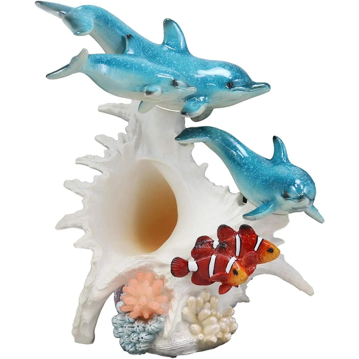 Ebros Nautical Ocean Family 3 Dolphins Swimming Over Giant Sea Conch Clownfishes and Anemones Statue with Colorful LED Light 9.5" Tall