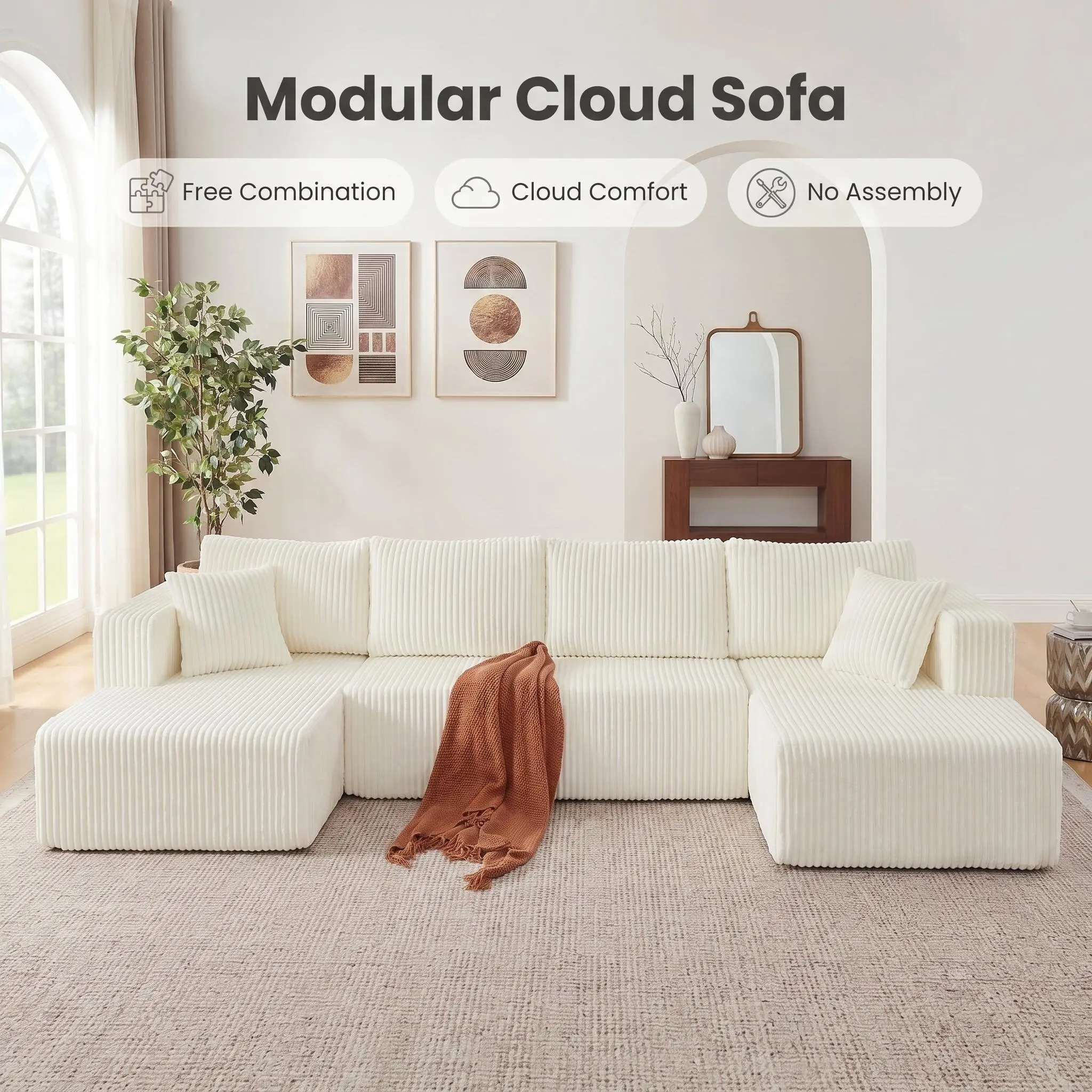 Compressed U Shaped Sectional Sofa 132 Inch Modular Cloud Couch Memory Foam Sleeper Sofa Corduroy Living Room Sofa No Assembly Required with Side Pockets beige