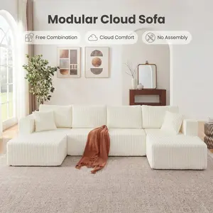 Compressed U Shaped Sectional Sofa 132 Inch Modular Cloud Couch Memory Foam Sleeper Sofa Corduroy Living Room Sofa No Assembly Required with Side Pockets beige