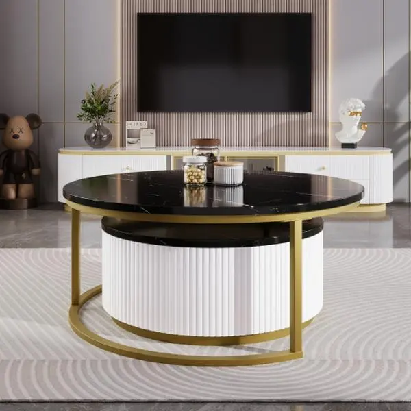 Bellemave Modern Round Nesting Coffee Table - Fluted Design, Drawer, White & Gold MDF Top, Gold Accent Indoor Living Room Furniture for Contemporary Glamour & Convenient Storage