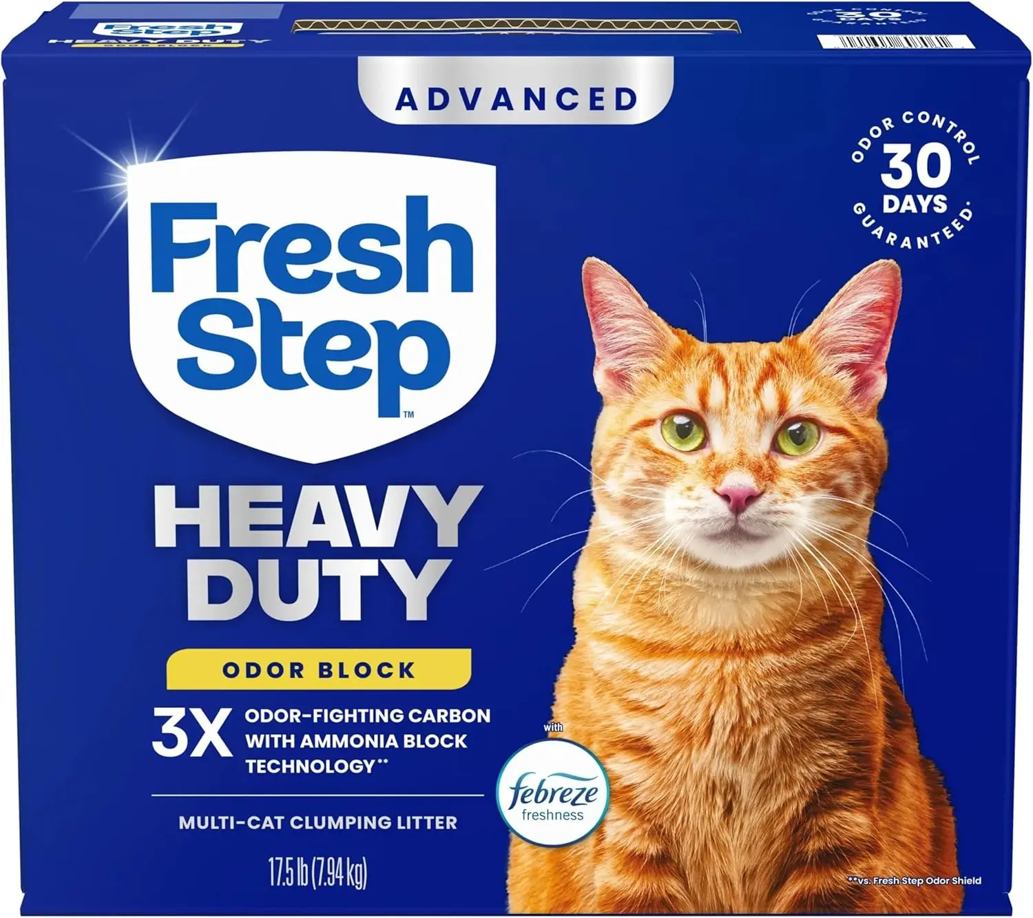 Fresh Step Advanced Heavy Duty Multi Cat Clumping Cat Litter with Febreze Freshness, Low Dust, Odor Control with Ammonia Block Tech, Compatible in Automatic Litter Boxes, 17.5 lb