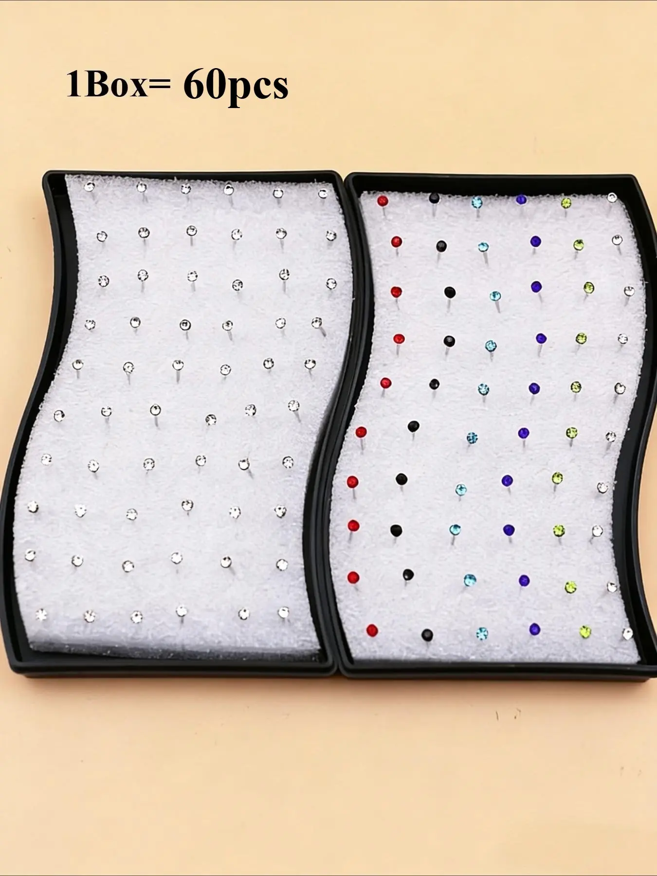 Boxed Set of 60pcs Simple Mini Stud Earrings, Ear Studs, Iron Material, Random Color Rhinestones, 2mm Size, Casual Style, All Seasons Wear, Earrings Stack Set