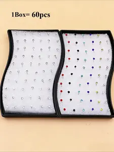 Boxed Set of 60pcs Simple Mini Stud Earrings, Iron Material, Random Color Rhinestones, 2mm Size, Casual Style, All Seasons Wear, Earrings Stack Set