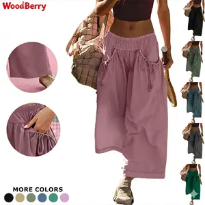 WoodBerry Women's Loose Wide-Leg Capri Track Pants - Minimalist Basic Plain Bottom, Boho Sport Style, Drawstring Elastic Waist, Pockets, All-Seasons Hiking Parachute Casual Womenswear summerwins