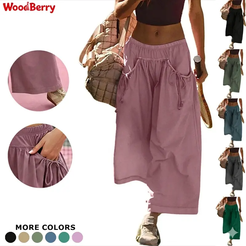 WoodBerry Women's Quick Dry Korean Baggy Parachute Capri Pants - Drawstring Waist, Pockets, Lightweight Wide-Leg Trousers for Casual Outdoors, Back to School, New Year