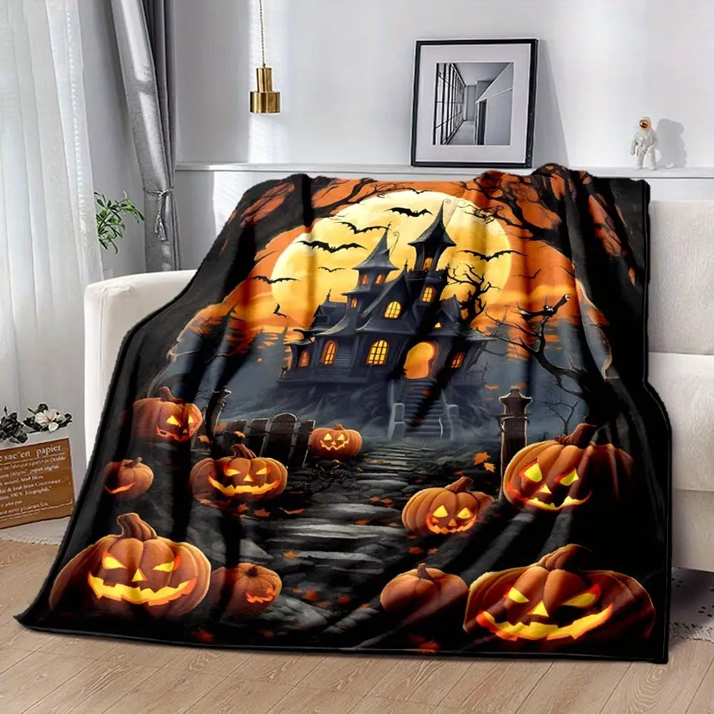 Halloween Spooky Haunted House Full Moon Jack O Lantern Bat Halloween Scene Flannel Blanket Soft Plush Warm Throw Blanket, Dark Gothic Cemetery Dead Tree Horror Decor Couch Bedroom Nap Blanket, Giftable Classic Scary Halloween Horror Lover Blanket