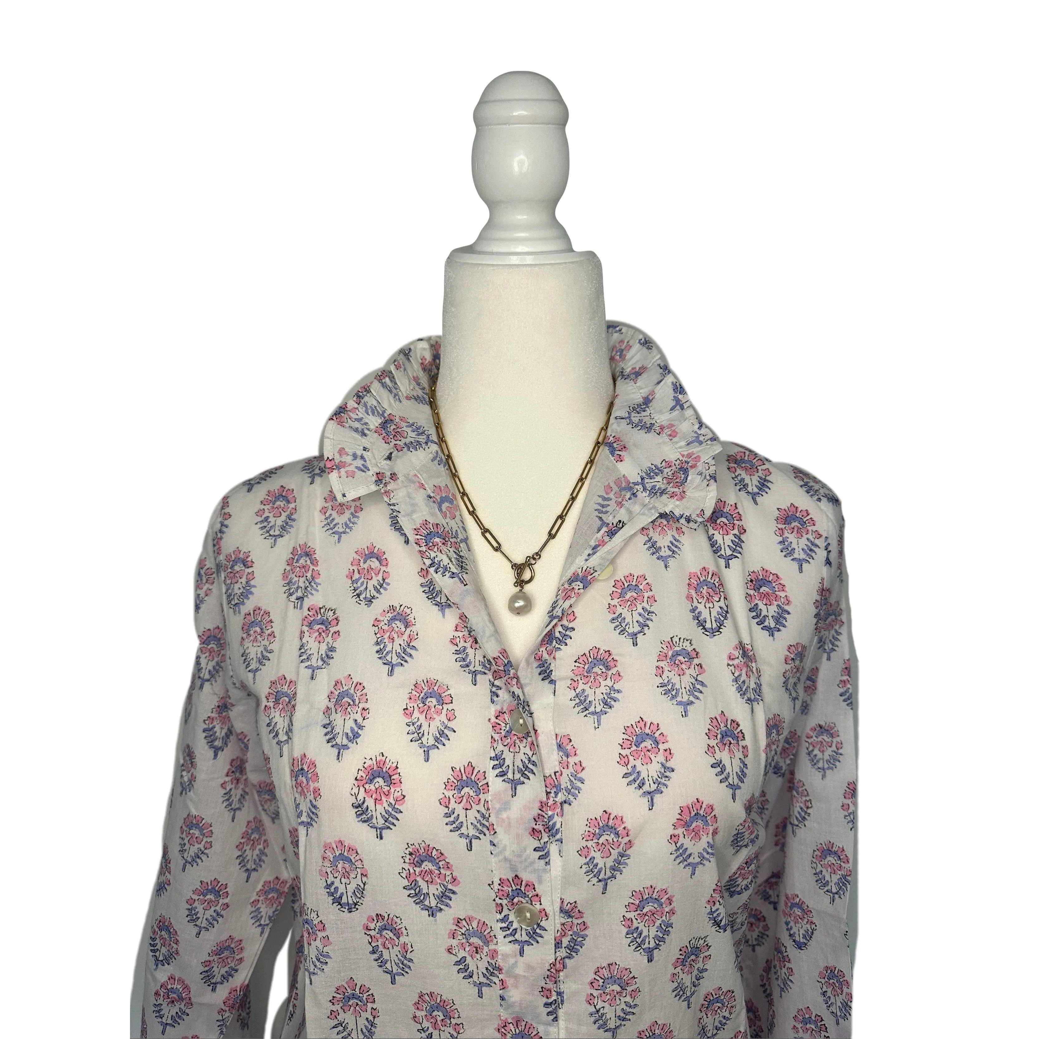 RETIRING ~ Pink & Blue Floral Block Print Women's Button Up Ruffled Collared Blouse