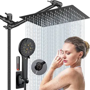 Shower Head, 10'' High Pressure Rainfall Shower Head with 6 Settings Handheld Shower Combo with 11''Extension Arm, Anti-leak Square Rain Shower Head with 78'' Hose/Holder