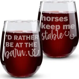 On The Rox Drinks - Funny Horse Themed Wine Glasses - 17 oz Engraved Stemless Wine Glass Gift Set of 2 - 'Horses Keep Me Stable' and 'I'd Rather Be At The Barn' Drinkware