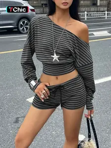 Women's Casual Set, Striped Irregular Asymmetrical Shoulder Design, Waist Cinching Slimming Long Sleeve T-Shirt & Shorts, Versatile