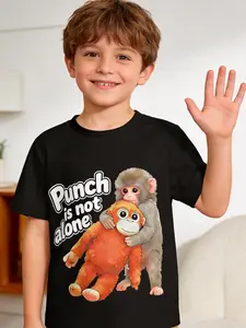 Monkey Punch Graphic Baby Monkey Holding Plush Toy Monkey Punch Graphic Baby Monkey Holding Plush Toy Punch Monkey Print Short Sleeve Top, Punch Team Print Suitable for Boys and Girls, Summer Casual Kids Clothing