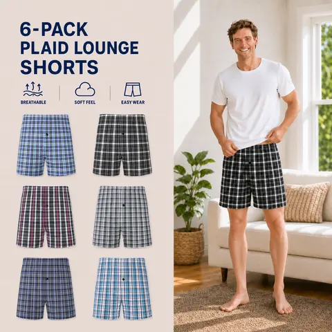 JupiterSecret Men's 6-Pack Plaid Woven Boxer Shorts, Soft Breathable Loose-Fit Underwear with Button Fly and Elastic Waistband, Assorted Colors