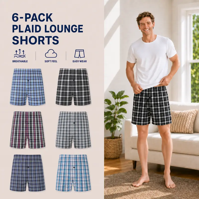 JupiterSecret Men's 6-Pack Plaid Woven Boxer Shorts, Soft Breathable Loose-Fit Underwear with Button Fly and Elastic Waistband, Assorted Colors