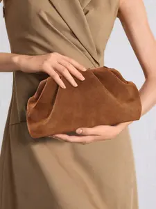 Vintage Suede Cloud Bag, High-End Angora Wine Pleated Handbag, Evening Party Clutch, Elegant Women's Accessories