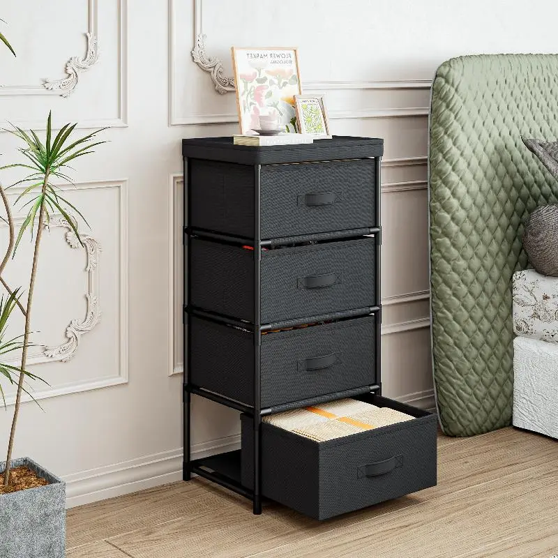 4-Tier Tall Closet Dresser with Drawers - Clothes Organizer and Small Fabric Storage for Bedroom - Black Dresser for Bedroom