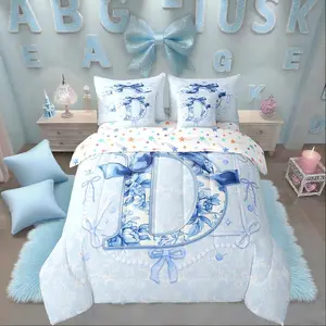7Pcs Blue Floral Bow Comforter Bed Set,Initial Flower Coquette Bow Bedding Set,Teen Girl Blue Bowknot Bed Bag,Preppy Bows Initial Birthday Gifts Bed Set